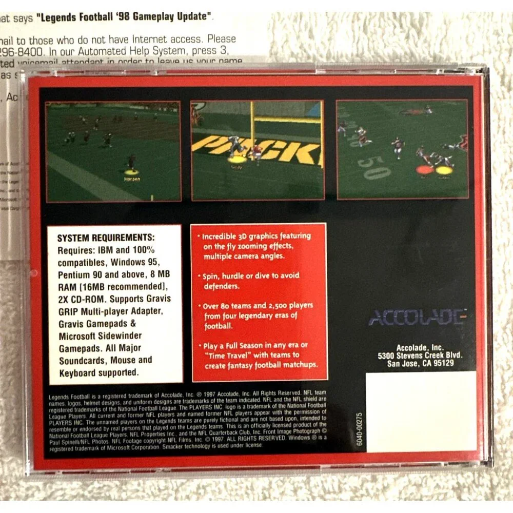 NFL Legends 98 Football PC CD-ROM Complete With Player's Guide Book + Bonus RARE